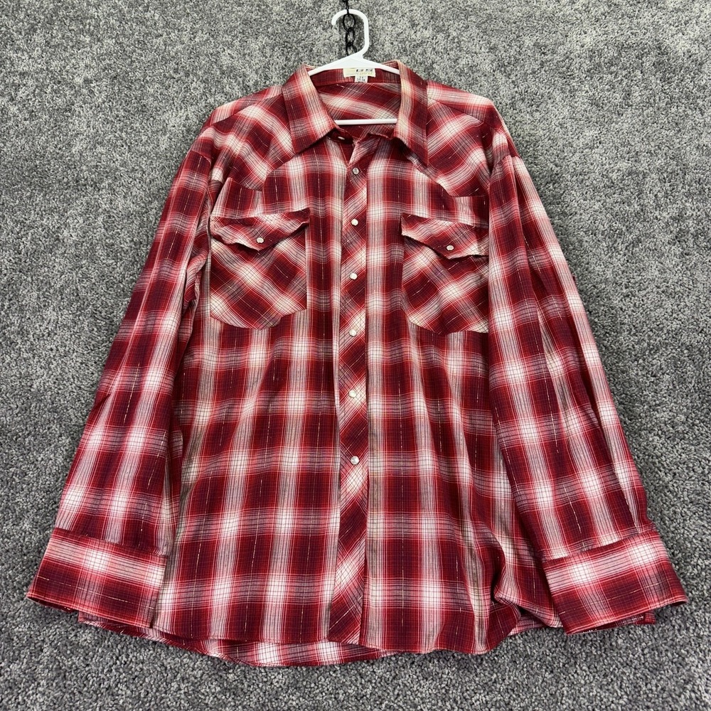 GS Sport Shirt Mens Big 3X Red Plaid Long Sleeve Snap Western Pockets Casual